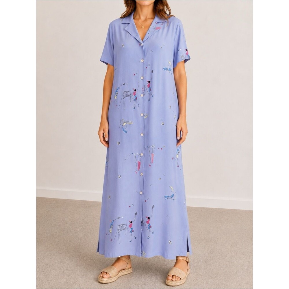 Vintage David Dart Tennis Print Midi Dress XL Peri Blue Rayon Button Front USA